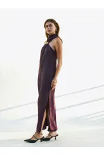 111631 Buckled Slit Long Satin Dress