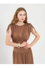 111691 Beli Korsajlı Uzun Elbise