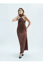 111631 Buckled Slit Long Satin Dress