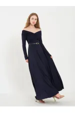 111690 Düşük Omuzlu Drapeli Elbise