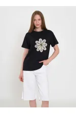 050740 T145 Crew Neck Knitted Floral Print T-Shirt