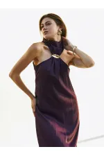 111631 Buckled Slit Long Satin Dress