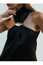 111631 Tokalı Yırtmaçlı Uzun Saten Elbise