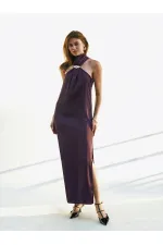 111631 Buckled Slit Long Satin Dress