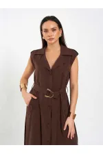 111702 Kolsuz Kendinden Kuşaklı Uzun Elbise