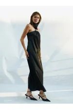 111631 Tokalı Yırtmaçlı Uzun Saten Elbise