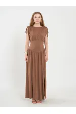 111691 Beli Korsajlı Uzun Elbise