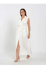 111702 Sleeveless Long Dress with Self-Belt