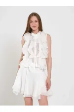 080774 Sleeveless Shirt with Ruffle Detail at Front