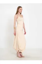 041197 Elastic Waist Asymmetrical Midi Skirt