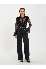 Pantalon droit satiné avec ceinture 031656