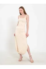 041197 Elastic Waist Asymmetrical Midi Skirt