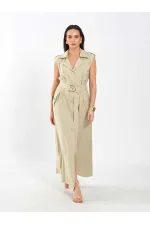 111702 Kolsuz Kendinden Kuşaklı Uzun Elbise