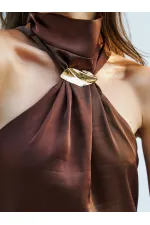 111631 Buckled Slit Long Satin Dress