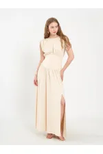 111691 Beli Korsajlı Uzun Elbise