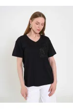 050737 T128 V-Neck Floral Embroidered Knitted T-Shirt