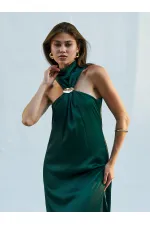 111631 Buckled Slit Long Satin Dress