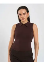 071894 Front Zipper Knitted Sleeveless Bodysuit