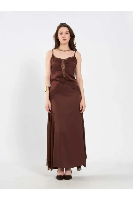111712 Long Satin Dress with Lace Detail 111712 Long Satin Dress with Lace Detail
