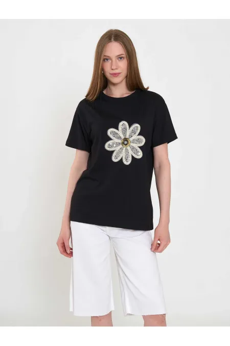 050740 T145 Crew Neck Knitted Floral Print T-Shirt