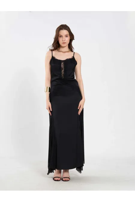 111712 Long Satin Dress with Lace Detail 111712 Long Satin Dress with Lace Detail