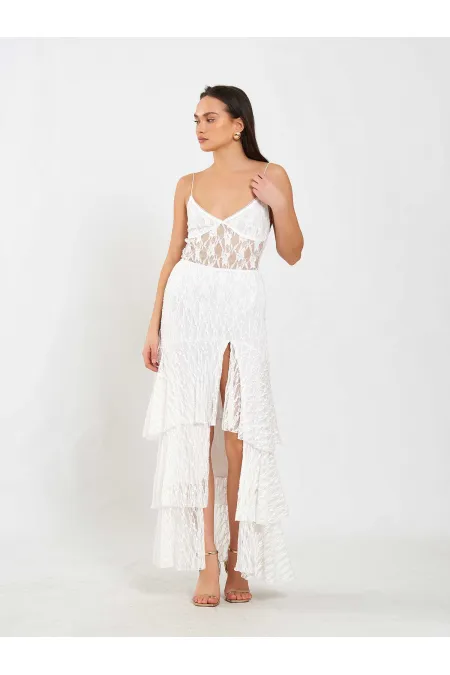 041177 Katlı Yırtmaçlı Dantel Etek