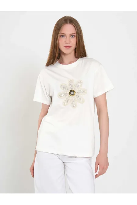 050740 T145 Crew Neck Knitted Floral Print T-Shirt