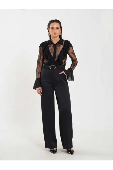 Pantalon droit satiné avec ceinture 031656
