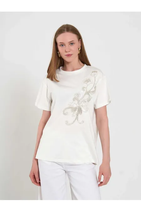 050741 T132 Crew Neck Beaded Print T-shirt