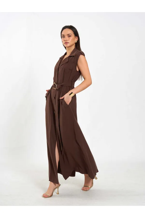111702 Kolsuz Kendinden Kuşaklı Uzun Elbise