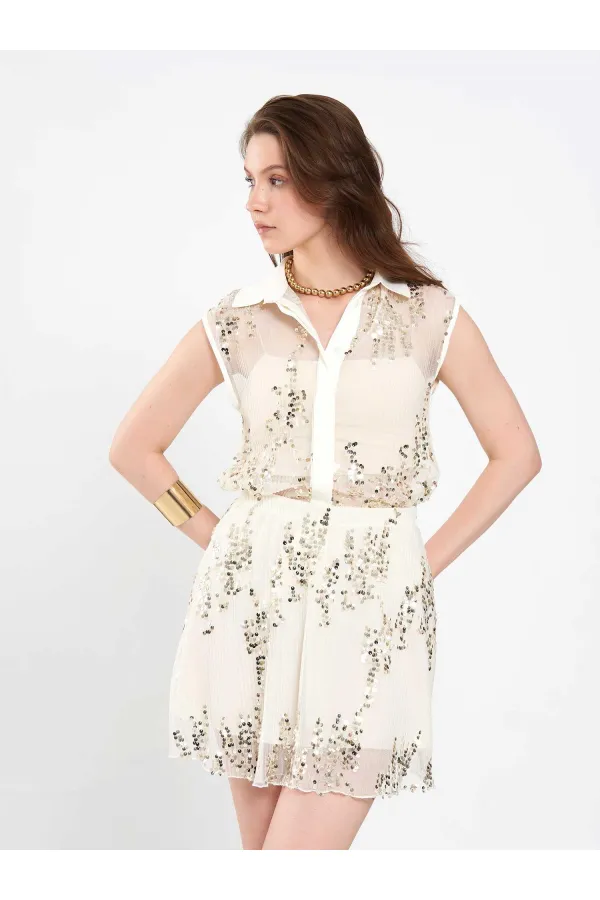 Chemise sans manches à sequins et ornements 080821