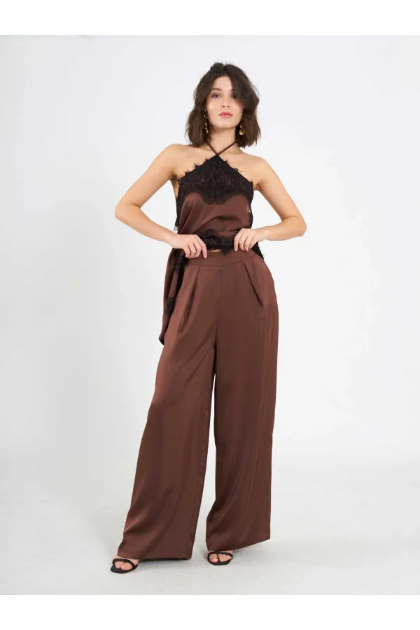 031649 Wide Pleated Satin Trousers