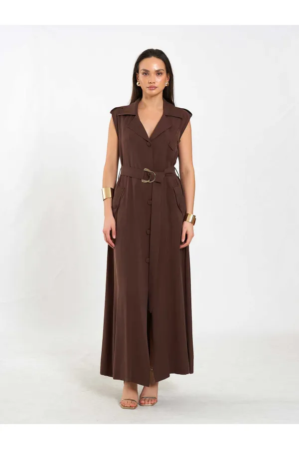 111702 Kolsuz Kendinden Kuşaklı Uzun Elbise