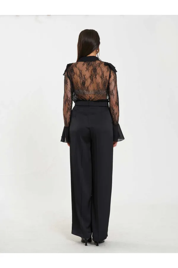 Pantalon droit satiné avec ceinture 031656