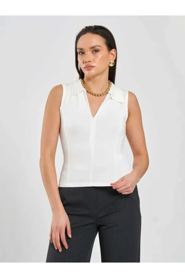 071894 Önü Fermuarlı Örme Kolsuz Body