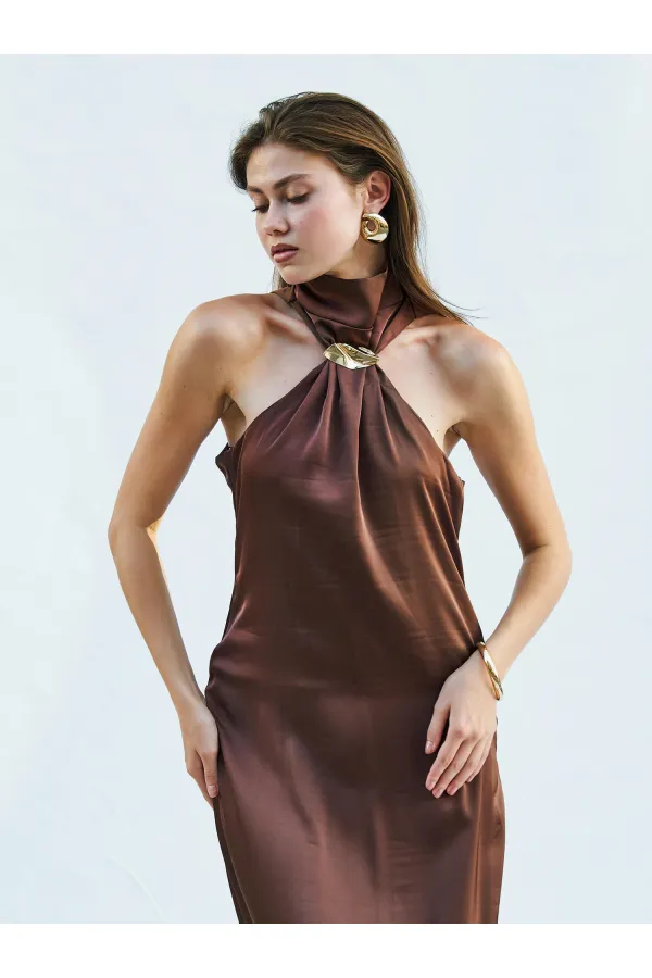 111631 Buckled Slit Long Satin Dress