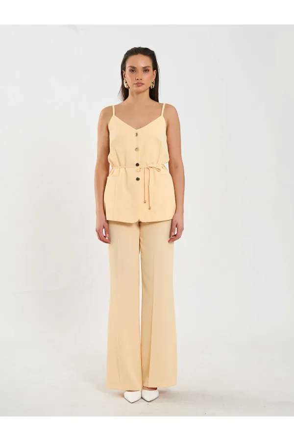 Gilet à col en V et ceinture à nouer à la taille 120743