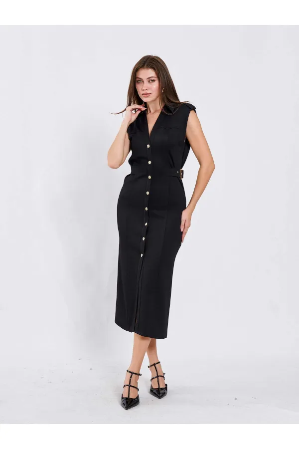 111636 Omzu Apoletli Örme Elbise