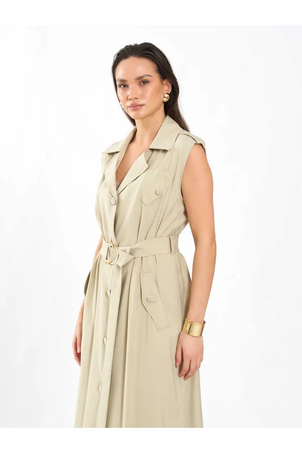 111702 Kolsuz Kendinden Kuşaklı Uzun Elbise