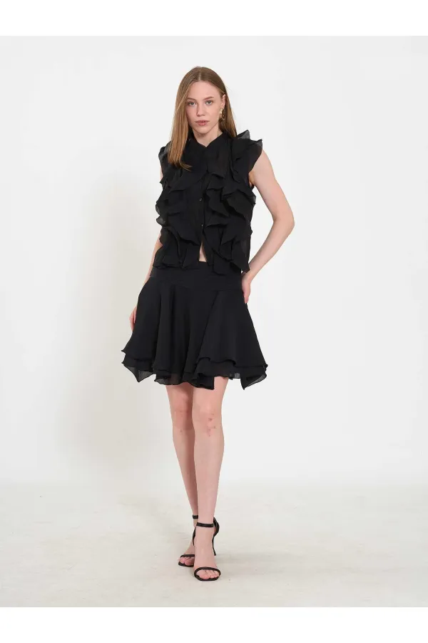 080774 Sleeveless Shirt with Ruffle Detail at Front