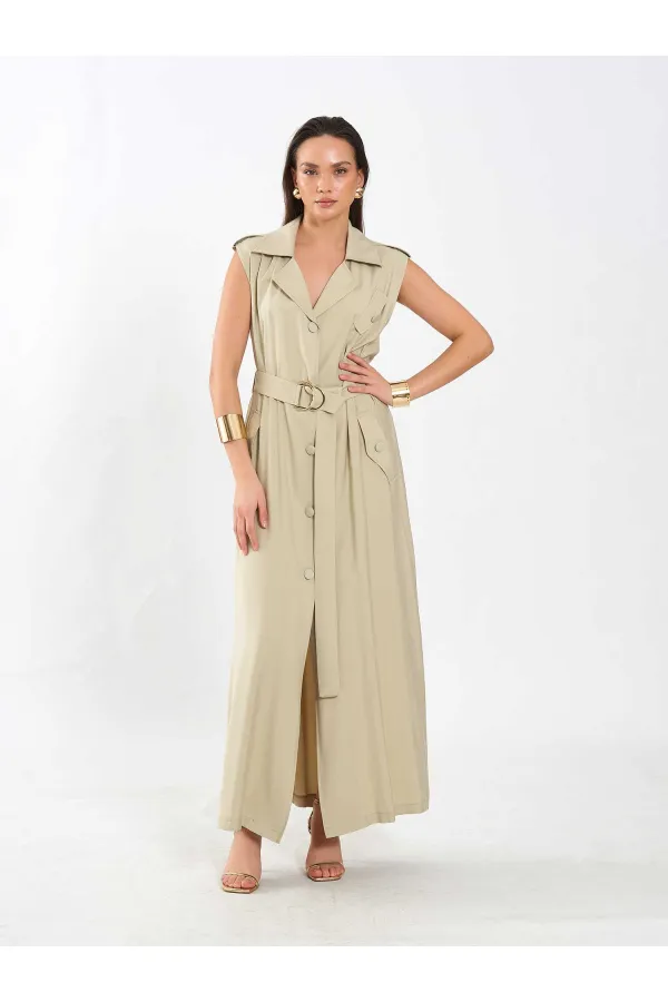 111702 Kolsuz Kendinden Kuşaklı Uzun Elbise