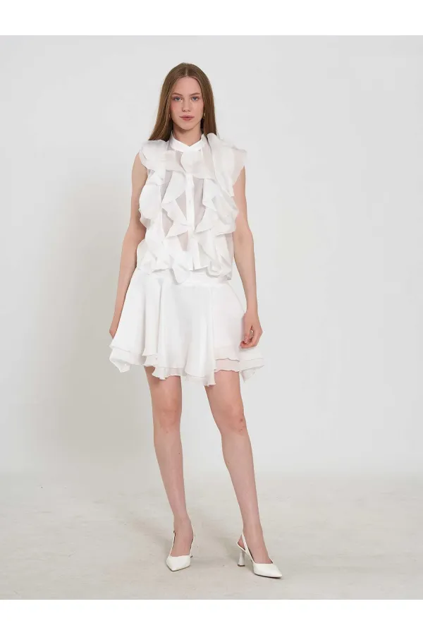 080774 Sleeveless Shirt with Ruffle Detail at Front