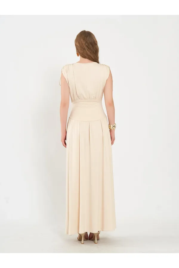 111691 Beli Korsajlı Uzun Elbise