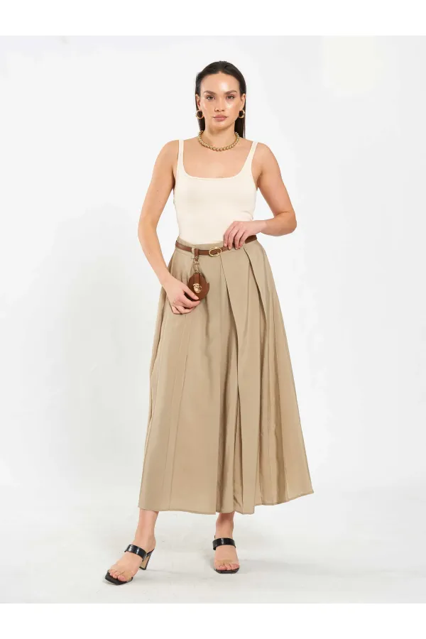 041164 A Pileli Kemerli Midi Etek