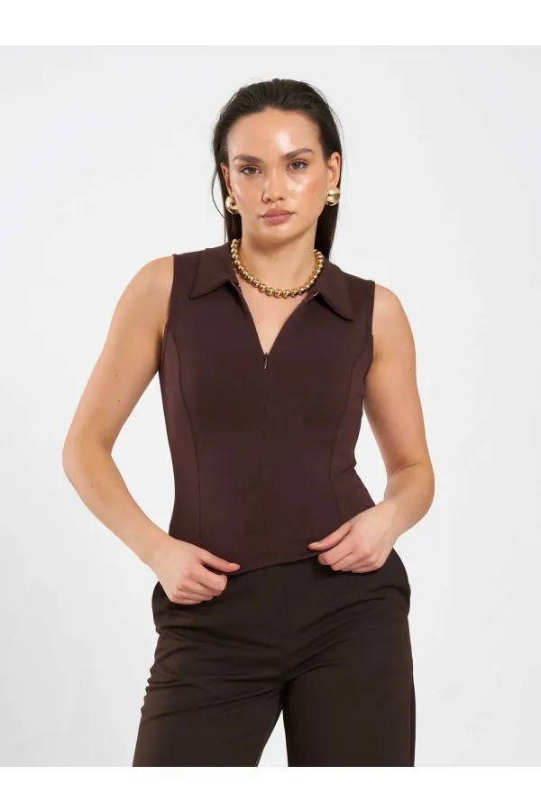 071894 Front Zipper Knitted Sleeveless Bodysuit