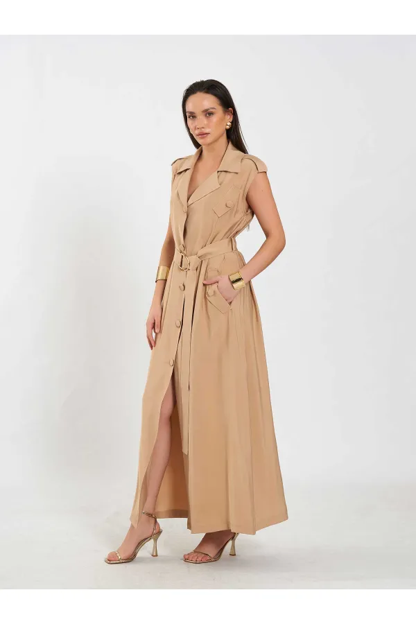 111702 Kolsuz Kendinden Kuşaklı Uzun Elbise