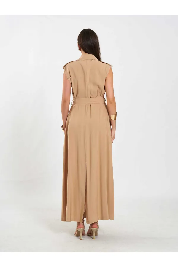 111702 Kolsuz Kendinden Kuşaklı Uzun Elbise
