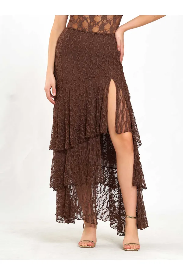 041177 Katlı Yırtmaçlı Dantel Etek