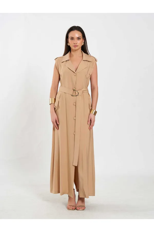 111702 Kolsuz Kendinden Kuşaklı Uzun Elbise
