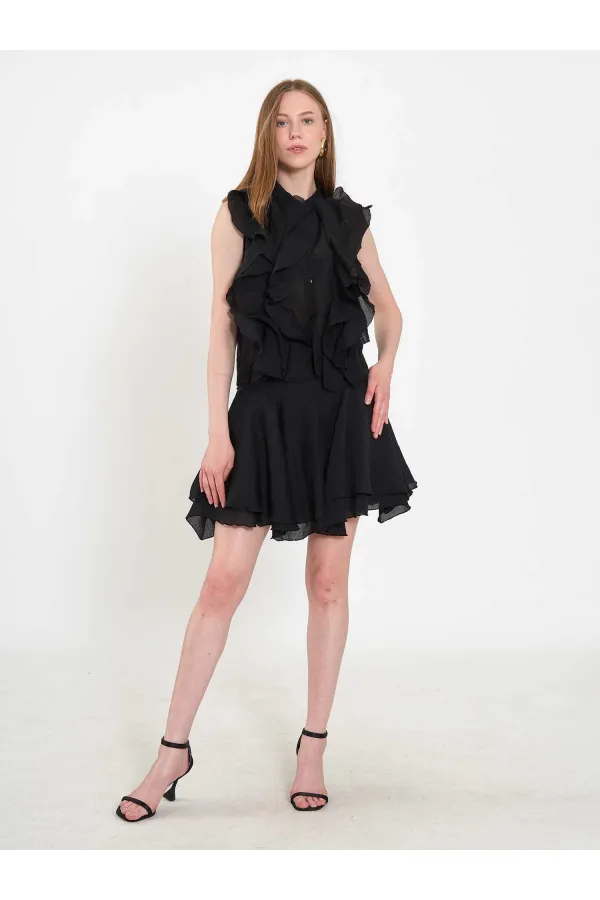 080774 Sleeveless Shirt with Ruffle Detail at Front